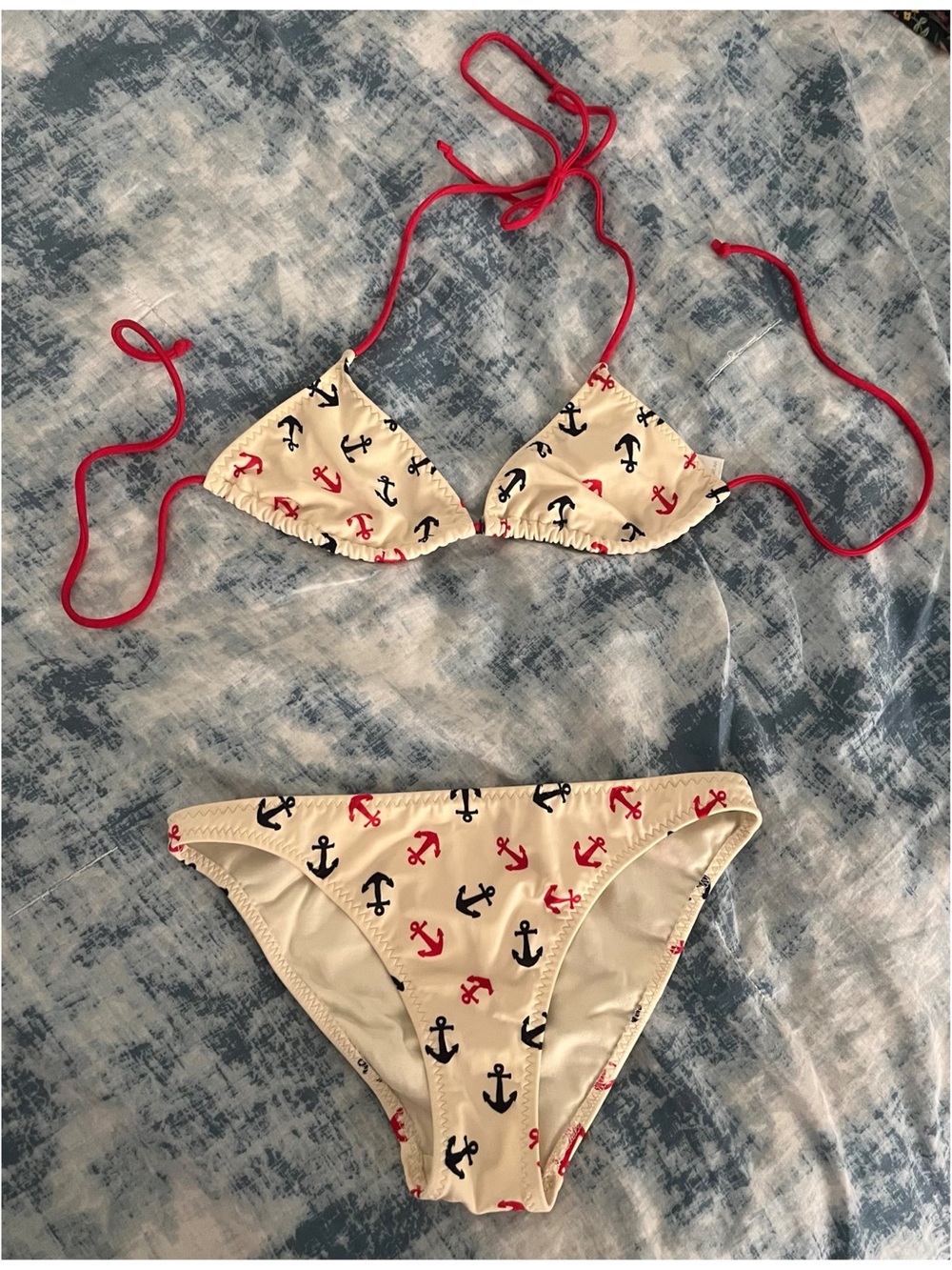 H&M Cream Bikini with Black Anchor Print and Red Trim
